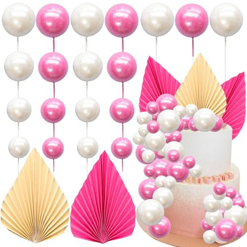 Ephlyn 28Pcs Paper Palm Fan Cake Topper Balls Cake Pick Wedding Bridal Shower DIY Cake Decorations for Baby Shower Wedding Birthday Anniversary Party Supplies White Rose Red