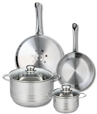 ELO 9876350 Batterie de cuisine 4 pièces, Ensemble de 2 Poêles de cuisson 24 et 28 cm et 2 faitouts 14 et 24 cm Elo Profi Brillant, inox, induction