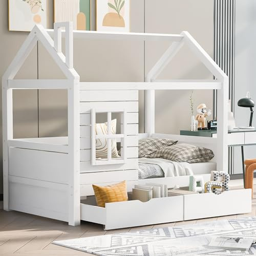 Trdlpyn Hausbett Kinderbett 80 * 160cm mit Lattenrost und 2 Schubladen, Massivholz Kinder Bett mit Rausfallschutz Fenster, Bodenbett Montessori-Bett für Jungen und Mädchen