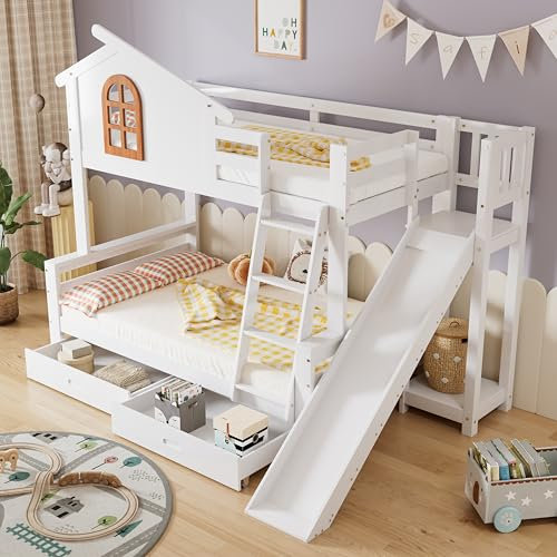 Oslghy Litera Infantil, Litera Matrimonio 90x200 & 120x200, Cama Alta con Tobogán y Ventana, Cama de Casa para Niños con 2 Cajones y Marco de Listones, Cama Niños en Forma de Casa, Sin Colchón