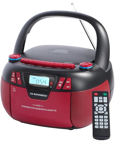 Boombox CD-Player mit Bluetooth und Kassettenspieler | Tragbares AM/FM-Radio, MP3/USB/AUX-Eingang, Stereo-Soundsystem mit Recorder, AC & Batteriebetrieben für Zuhause & Outdoor