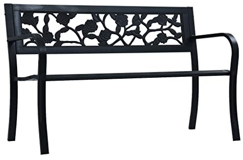 QUAHEAS Banc de jardin 125 cm en acier noir style vintage pour meubles d'extérieur revêtus par pulvérisation avec motif de roses décoratives, idéal pour le jardin, la terrasse et l'extérieur comme