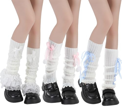 Jspupifip Kawaii Leg Warmers for Girls 3 Pairs, Y2K Lolita Ballet Leg Warmer Ribbed Knit Bow Cute Knee High Legwarmers for Harajuku Japanese Costume Party Accessory(Blue)