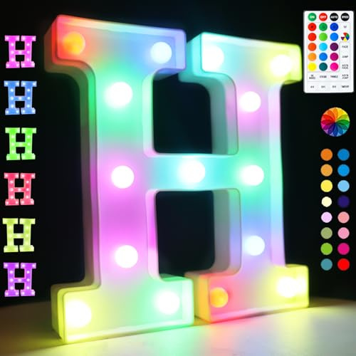 LED Buchstaben Lichter Alphabet, 18 Farblich Veränderbar Led Leuchtbuchstaben mit Fernbedienung Timer Nacht Lichter, Dekoration für Geburtstag Party Weihnachten Hochzeit Kinderzimmer - Buchstaben H