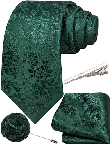 Ailisus Mens Floral Tie and Pocket Square Set Wedding Formal 4PCS | Complete set with necktie,handkerchief,lapel pin,tie clip,silk blend,elegant woven pattern,perfect for party,business,prom