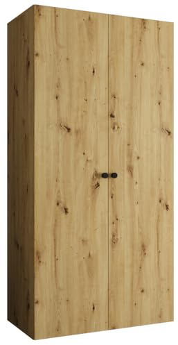 MEBLE KRYSPOL - Kleiderschrank - Garderobenschrank - 100 cm x 202 x 52 cm - Schrank mit Kleiderstange, 2 Türen - für Schlafzimmer, Flur - Parma, Artisan-Eiche, Griff Schwarz