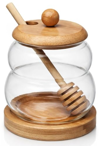 MGE - Tarro para Miel con Cuchara - Dispensador/Dosificador para Sirope y Salsas - Mielera de Cristal - Recipiente de Vidrio - 300 ml
