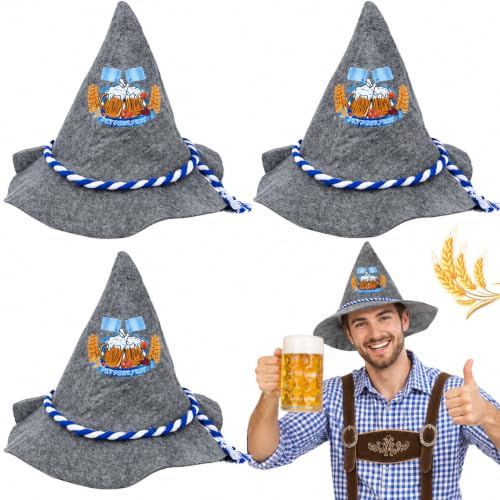 GTJEOI Bayern Seppelhut, 3 Stück Trachtenhut für Oktoberfest, Bayernhut Aus Filz mit Blau-Weiße Kordel Filzhut Oktoberfest Filzhut, Trachtenhut für Bayrische Volksfeste