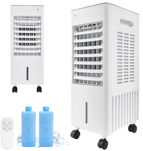 Leise Mobile Klimaanlage 12L Wassertank, Luftkühler mit Schlafmodus & 7H Timer, 4-in-1 Verdunstungskühler ohne Schlauch, inkl. 2 Kühlakkus für Schlafzimmer