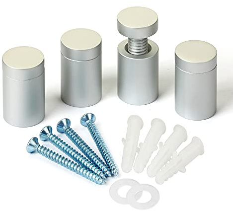 MALLEABLE Distanziatori per cartelli, 19 x 25 mm, in alluminio argentato, per acrilico, vetro, PVC, pannello di vetro, legno, numeri civici e cartelli con 2 distanziatori, confezione da 4