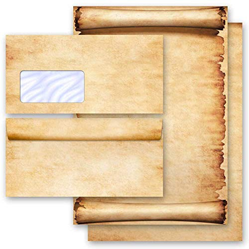 Briefpapier Set, 40 tlg. Antik & History, PERGAMENT 20 Blatt Briefpapier + 20 passende Briefumschläge DIN LANG mit Fenster | Paper-Media