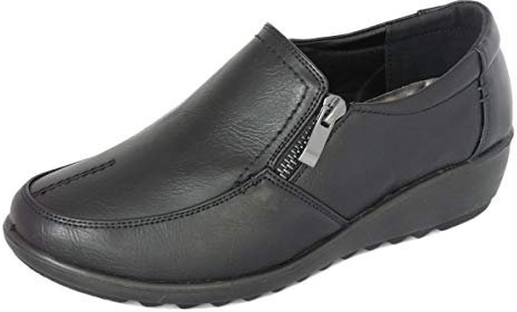 EEE Zapatos Extra Anchos de Mujer Mocasines Ligero, Cuero de Imitación, Zapatos Cómodo sin Cordones - con Cremallera (42 EU, Negro)