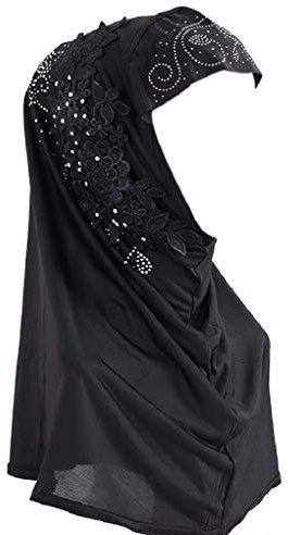 Frauen Einteiler Muslim Hijab Spitze Applique Kopf Wrap Schal Schal mit Strass, Schwarz, Einheitsgröße