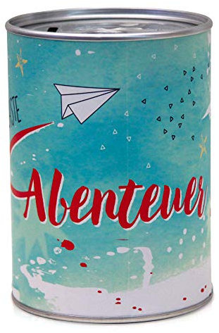 Dio Spardose Abenteuer, Geldgeschenk für beliebige Anlässe oder zum Sparen, Urlaubskasse, mit Ring-Pull Dosendeckel, aus Aluminium