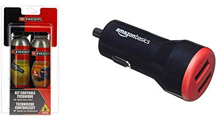 Facom 006020 Kit Contrôle Technique Diesel 2X300 ML - Nettoyant Injection et Traitement Anti fumées + Amazon Basics Chargeur 2 Ports USB de Voiture 4,8 Amp/24 W, Noir/Rouge