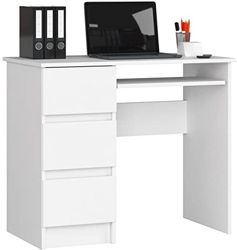 AKORD Schreibtisch A6 90 cm | 3 Schubladen Links | Schreibtisch | Bürotisch | Computertisch | Arbeitstisch | Laptoptisch | Bürmöbel | B90 x H77 x T50 cm | Gewicht 29,95 kg | Weiß/Weiß