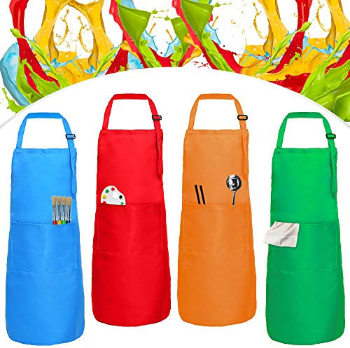 XCOZU 4 Stück Kinderschürze Set, Verstellbare Malschürze Mit Tasche, Kochschürze Zum Basteln Kochen Backen Malerei (Grün Orange Rot Blau)