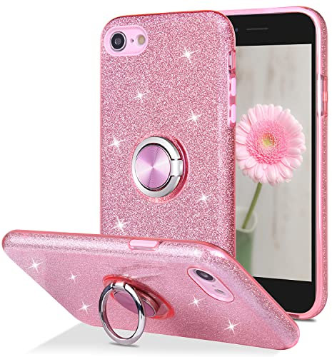 wisdompro Glitter Case for iPhone SE 2022/SE 2020, iPhone 8, iPhone 7, Cute Bling Sparkly Protective Case with Ring Stand, Women Girls Phone Case for iPhone SE 3rd Gen/2nd Gen/8/7 - Pink