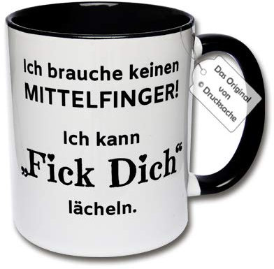 Lustige Tasse, Kaffeetasse mit Spruch Ich brauche keinen Mittelfinger! Ich kann FICK DICH lächeln. Spruchtasse Geschenk Büro (A: Schwarz-Weiß)