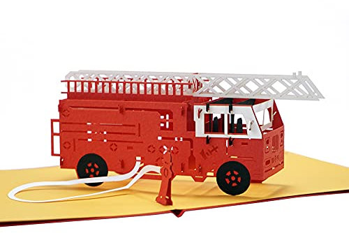 CUTPOPUP Carte pop-up 3D Motif camion de pompiers, carte d'anniversaire pop-up 3D avec note vierge, carte d'anniversaire pop-up 3D faite à la main