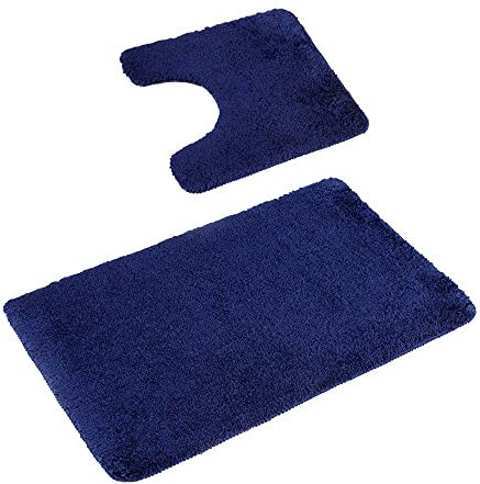 PANA 'Florenz' Badeteppich-Set • Flauschige Vorleger für Badezimmer und WC • Badteppich rutschfest & waschbar • Set: 45 x 45 cm mit WC Ausschnitt + 50 x 80 cm • Farbe: Dunkelblau