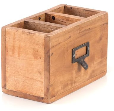 DESIGN DELIGHTS Holz STIFTEHALTER BOX Vintage 19 | Mahagoni, 19x12x10cm (BxHxT) | Stiftebox mit Metallgriff, Stifteköcher, Schreibtischorganizer im shabby Style | Farbe: 08 honigfarben gewachst