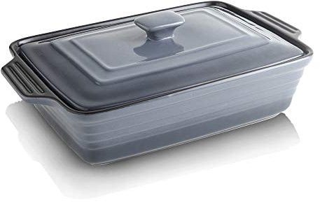 KOOV Ceramic Casserole Dish with Lid, Covered Rectangular Casserole Dish Set, Lasagna Pans with Lid for Cooking, Baking dish With Lid for Dinner, Kitchen, 9 x 13 Inches, Reactive Glaze (Gradient Grey)