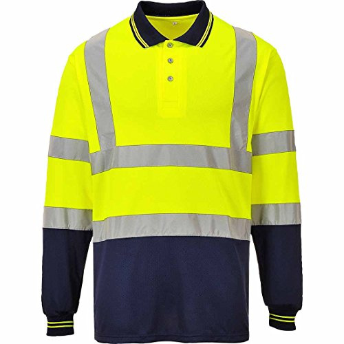 LIZZIE JACOBS Hi Viz High Visibility Long Sleeves 2 Tone Polo Shirts Reflective Tape Safety Hi Vis Security Work Breathable Lightweight Workwear Tops (4X-Large, Yellow/Navy)