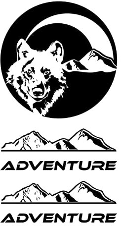 Gesar Adesivo con Lupo, Montagne e 2 Pezzi Adesivo Scritta Adventure - Adesivo per Auto e Camper - Adatti per valigie moto - Adesivo Testa di Lupo (Nero)