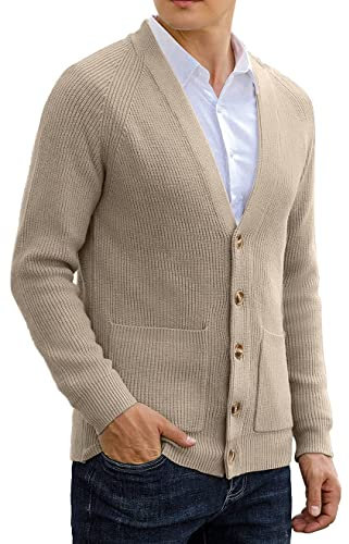 Sailwind Mens Long Sleeve Cardigan Autumn Chunky Knitted V Neck Button Cardigan Soft Cable Knit Sweater for Men (Khaki, M)