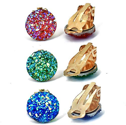 3 Paar Rund Ohrclips mit Kristall Splittern -Grün | Blau | Rot