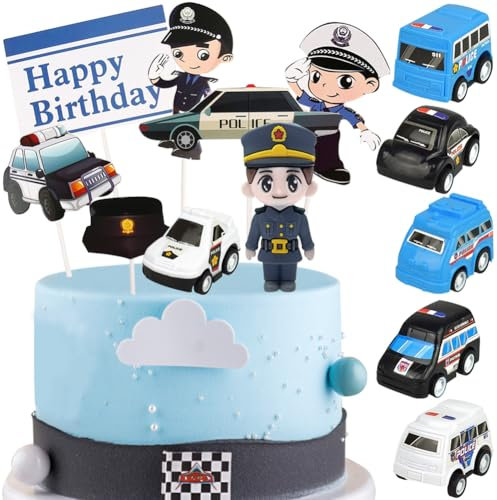 HGSHUO Auto Tortendeko Polizeiauto Kuchen Deko Geburtstag Cake Topper Happy Birthday Torte Deko Kindergeburtstag Kuchendeko Polizei Cupcake Topper Geburtstagsparty Kuchendekoration