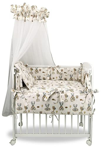 Baby Delux Beistellbett Set Babybett Komplett Set Stubenwagen weiß 90x40 mobil mit Rädern inkl. Bettwäsche Matratze (Bärchen beige)