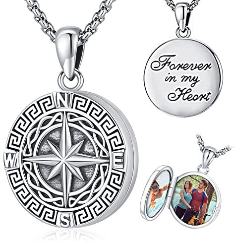 Kompass Fotobox Halskette 925 Sterling Silber Kompass Anhänge Halskette Herren Damen Amulett Schmuck Geschenke für Familie Freunde zum Jahrestag Abschluss