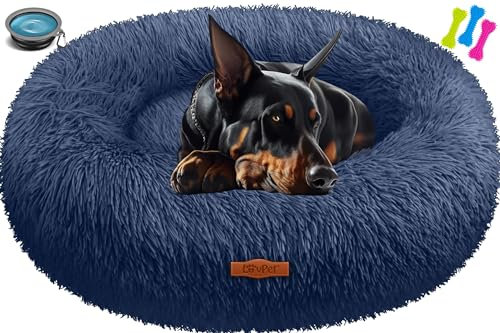 Lovpet® Hundebett Hundekissen Katzenbett Bagel, Waschbar, Inkl. Napf + 3X Kauknochen, Hundesofa flauschig Kissen Rund aus Plüsch für Kleine, Mittelgroße & Große Hunde, Katzen [4XL, Ø 120cm Navyblau]