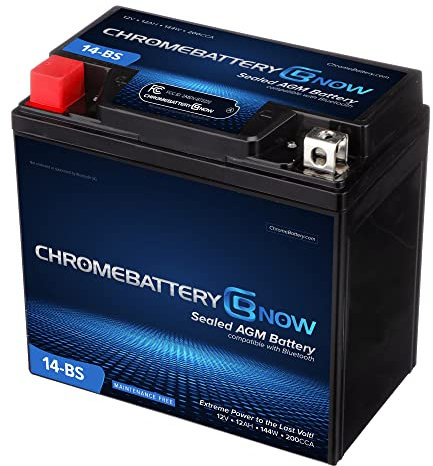 Chrome Battery Now YTX14-BS Batterie de remplacement Bluetooth sans entretien pour VTT, moto, scooter et UTV : 12 V, 12 Ah, écrou et boulon (T3)
