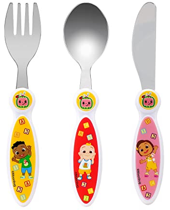 Cocomelon Kids 3 Piece Cutlery Set – Includes Knife, Fork and Spoon | Child-Friendly Stainless Steel Flatware Set, BPA-free, food-Safe Material Children's Travel Cutlery Set | Non-Slip & Reusable