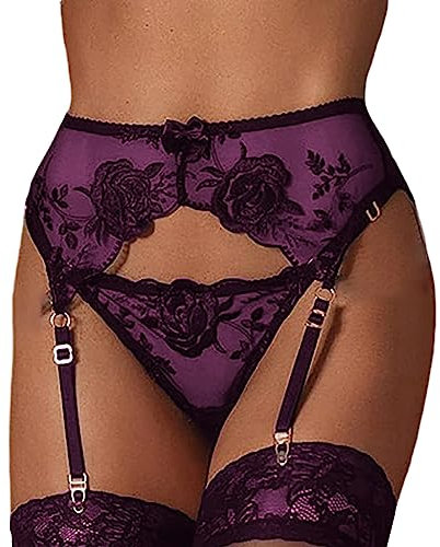 NewBull Sexy Reggicalze per Donna Set Giarrettiere e Perizoma Completi di Biancheria Intima Reggicalze con 4 Cinghie Reggicalze a Vita Alta Hot Regolabili per Calze Curvy Lingerie di Pizzo (Viola)