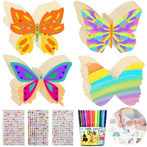 Schmetterling Bastelset 40 Stück Kindergeburtstag Basteln Schmetterlinge Deko, Basteln Kindergeburtstag Mädchen 10 Jahre Kinder, Schmetterling Holz mit Edelsteinaufkleber, für DIY Handwerk Ostern