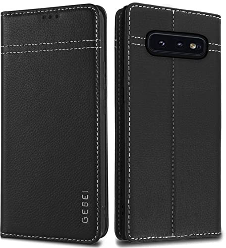 Hülle Echt Leder für Samsung Galaxy S10E (5,8“) - Premium Echte Lederhülle mit Standfunktion Kartenfach Magnetverschluss Flip Case Ledertasche Handyhülle Schutzhülle Klapphülle – Schwarz