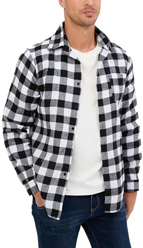 Chemisier Carreaux Coton Homme Chemise Bûcheron Western Veste à Carreaux en Flanelle T Shirt Manches Longues Casual Décontractée Classique Retro Ecossaise Gilet Blouse Blanc Noir XL