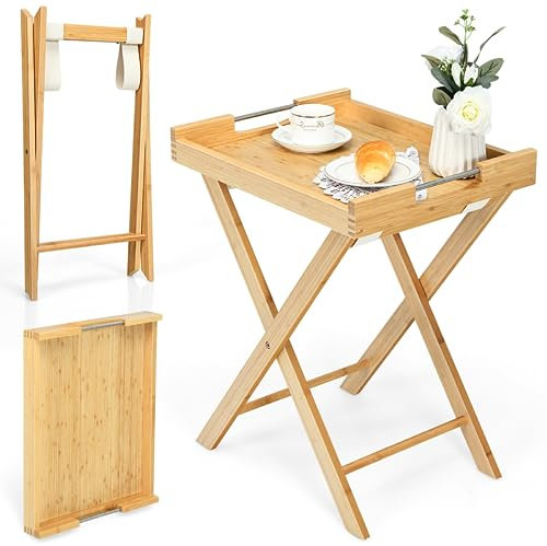 KOMFOTTEU Mesa Auxiliar de Bambú con Bandeja Extraíble, Mesa de Centro Plegable con Asa de Acero Inoxidable, Bandeja para Servir con Carga 10 kg, Mesa Auxiliar para Salón, 47 x 38 x 58,5 cm
