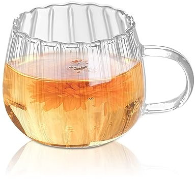 Gerippte Glaswaren Trinkgläser,400ml Klar Kristall Gläser mit Henkel Streifen Design Gläser,Riffle Gläser Geriffelte Kaffeeglas Teeglas für Latte,Cappuccino,Getränke,Saft Kaffee