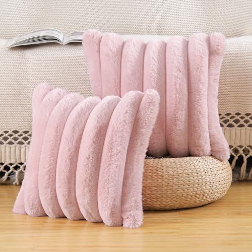Madizz 2er Set Plüsch Samt Dekorative Kissenbezüge Flauschig Gestreifte Weich Kissenbezug für Sofa Schlafzimmer Kissen Shell Rosa 40 x 40 cm Quadrat