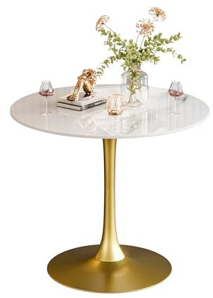 FATIVO Table Salle à Manger Ronde Haute: 2-4 Personnes Table Cuisine Marbre Blanc Scandinave Ø76×78cm Mange Debout de Bar Bistrot Table à Manger Moderne en Pierre Frittée avec Pied Central Doré