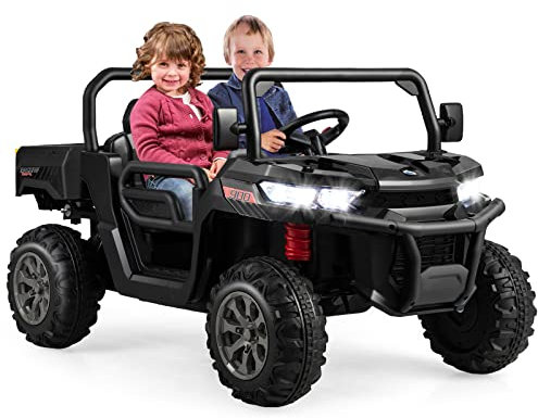 COSTWAY 2 Sitzer Elektroauto mit automatische Ladefläche, 12V Kinder Muldenkipper mit Musik, Hupen und Scheinwerfer, 3-8 km/h, inkl. Schaufel und 2,4GHz Fernbedienung (Schwarz)