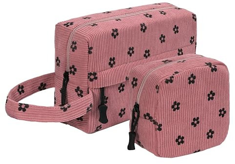 Jiliyote Trousse de Toilette en Velours Côtelé pour Femme - Trousse de Maquillage pour Fille - Rose - 2 Pièces