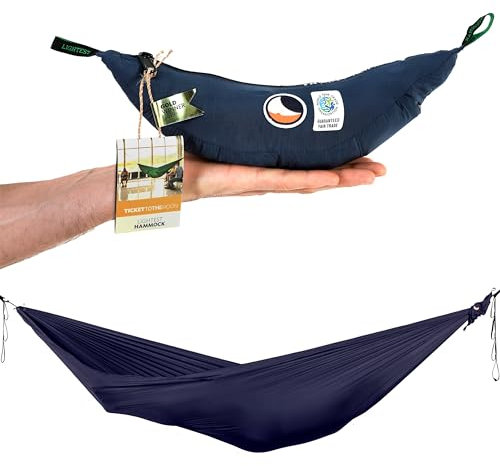 Hamac Ultra-Léger Bleu Marine | Nylon Parachute 320 x 140 cm, 228 g - avec Mousquetons 6 KN et Montage Facile | Ticket to the Moon Depuis 1996