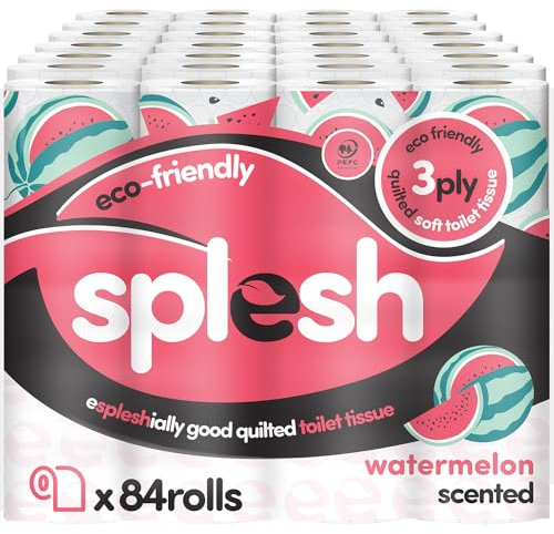 Splesh by Cusheen Toilet Roll 84 Rolls - Watermelon Scent Bulk Family Pack | Soft 3 Ply Quilted Bathroom Tissue Loo Rolls | Eco-Friendly, Sustainable Toilet Paper