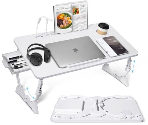 Sinbide Laptop Tisch, Klappbarer Laptoptisch, 72 * 40cm groß Desktop, Höhen Winkel verstellbar, Notebook Tisch mit 4 USB Ladeanschluss, mit Tablet-Aussparung, Trinkhalter, rutschfesten Füßen und Schub